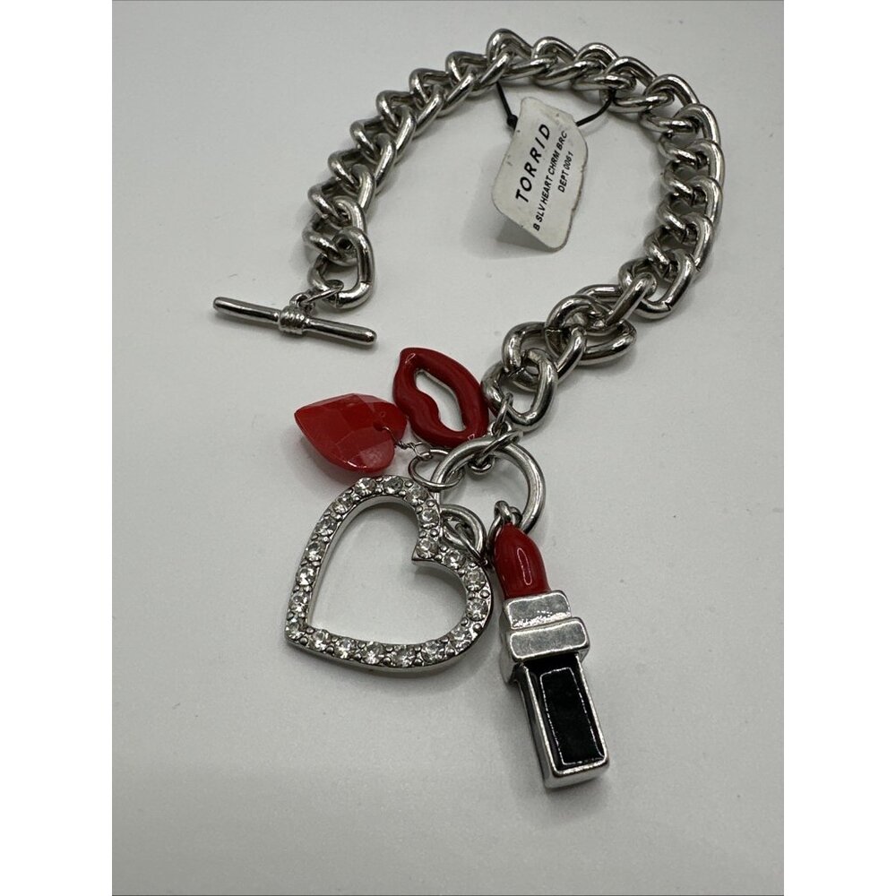 Torrid charm bracelet NWT 8” Silver Tone Heart Lips Lipstick Rhinestone